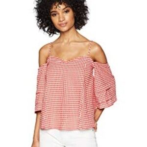 Moon River Women's Printed Plaid Cold Shoulder Top